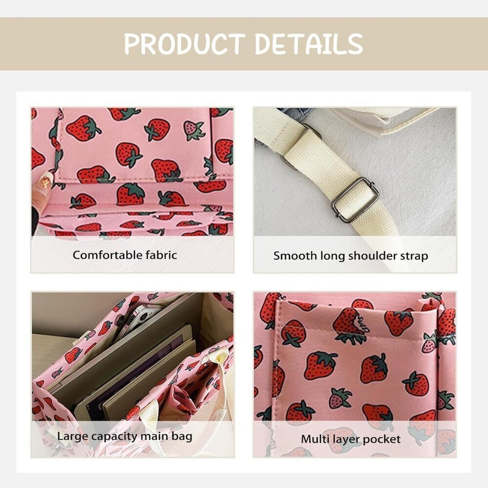 Canvas Crossbody Bag Large Capacity Strawberry Pattern Women's Fashion - Picture 3 of 6